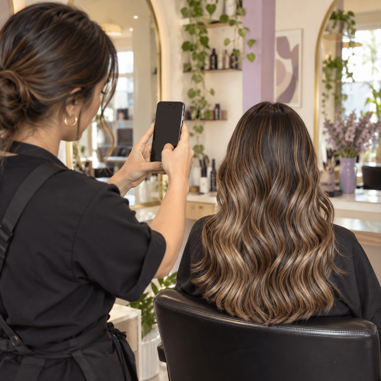 Una profesional de belleza trabaja el cabello de una clienta en un salón